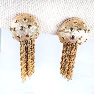 Vintage Crown Trifari Gold Tone Chain Tassel Clip-On Earrings 1.25